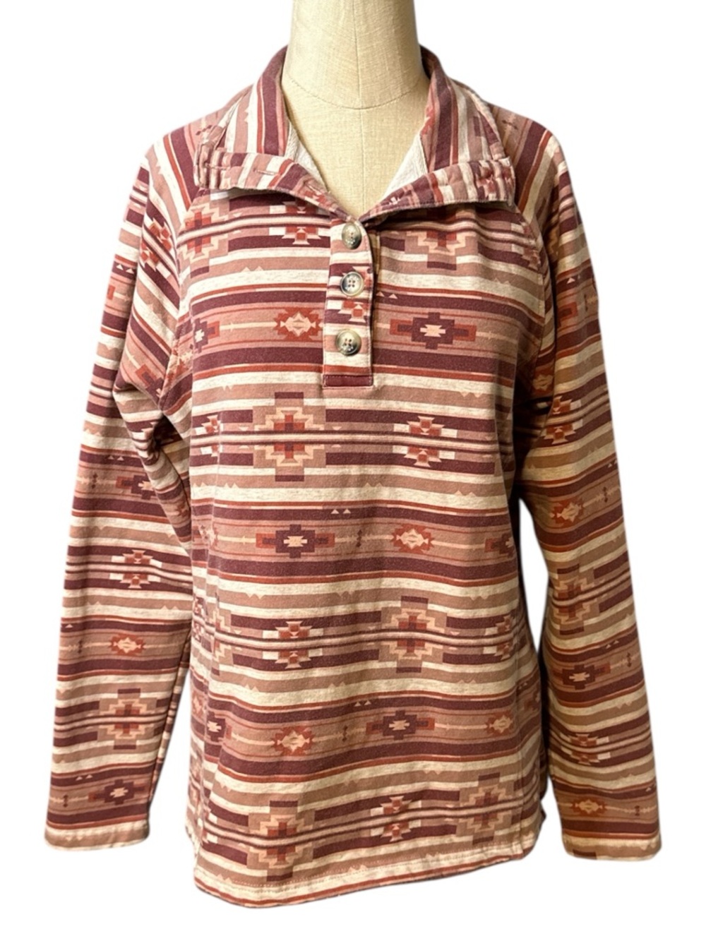 Ariat REAL Womens Medium Southwestern Aztec Pullover Fleece Button Neck Western